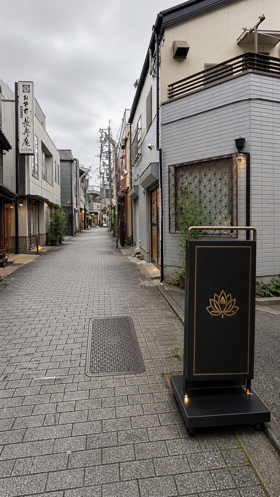 路地に立つダラ・タイスパの金色の看板